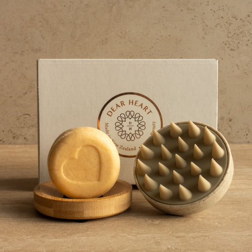 Indian Summer fragranced shampoo bar 75g store on a bamboo soap rack also included silicone scalp massager eco friendly gift box nz