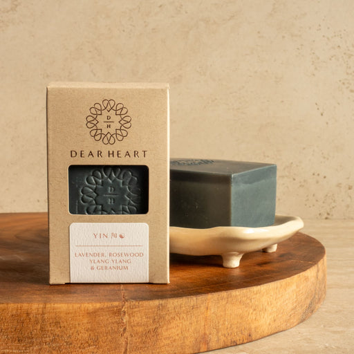 natural soaps made in nz yin type with lavender rosewood ylang ylang and geranium coloured with activated charcoal boxed soap