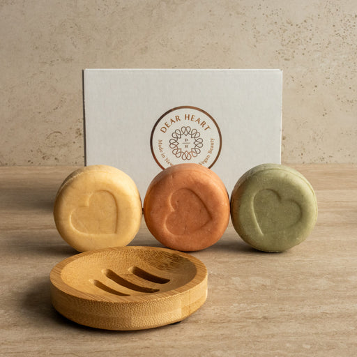three shampoo bars for normal to dry hair type with round bamboo bar holder made in nz