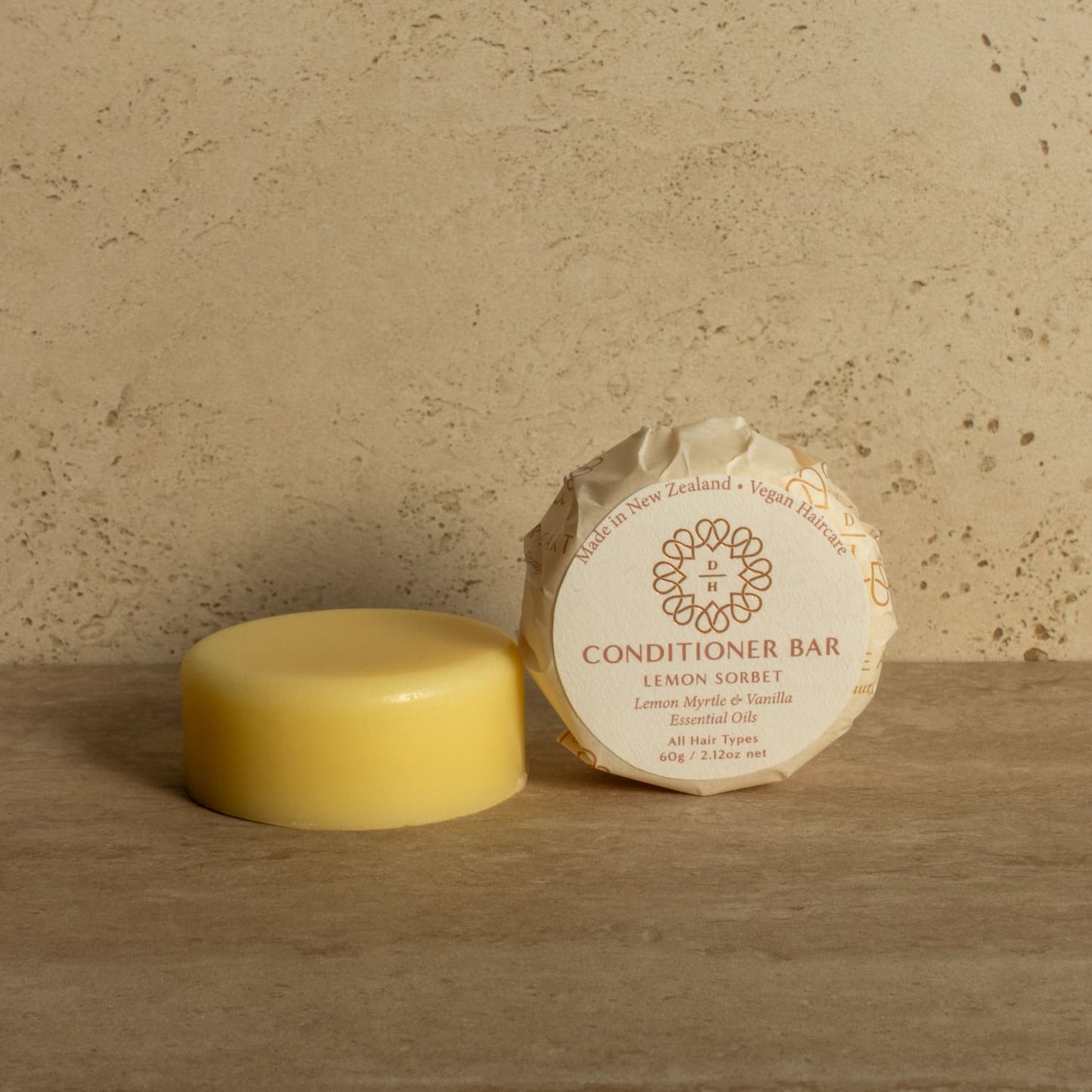 solid conditioner bar in waste free packaging lemon sorbet type made in nz