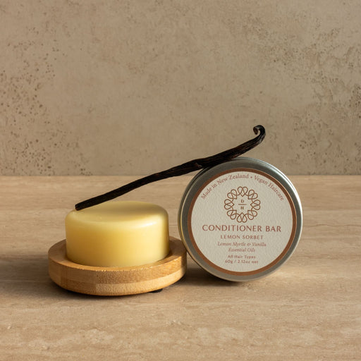 solid conditioner bar lemon sorbet type lemon myrtle and vanilla fragrance in aluminum tin made in nz