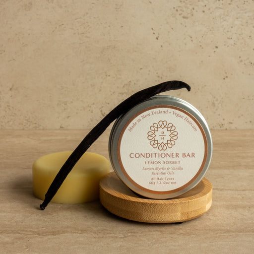 solid conditioner bar lemon sorbet type lemon myrtle and vanilla fragrance in aluminum tin made in nz