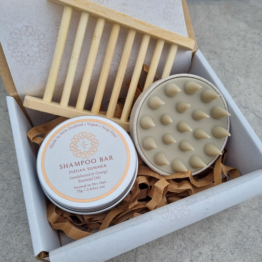 Indian Summer shampoo bar 75g in a tin with bamboo soap rack silicone wet and dry scalp massager thoughtful sustainable gift box nz