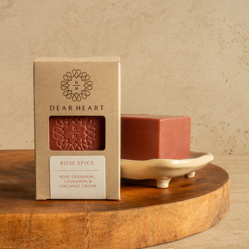 artisan soap rose spice type with rose geranium and cinnamon essential oils boxed and made in nz