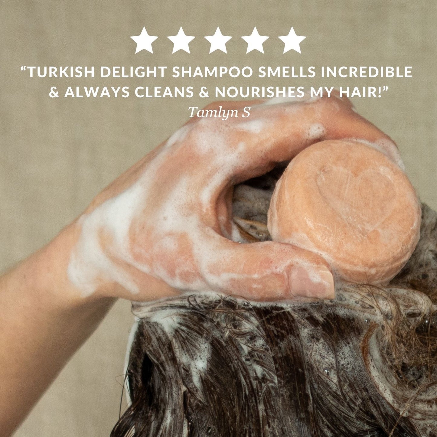 dear heart shampoo bars turkish delight fragrance with pure essential oils in a travel tin picture of hair being lathered in the shower made in nz