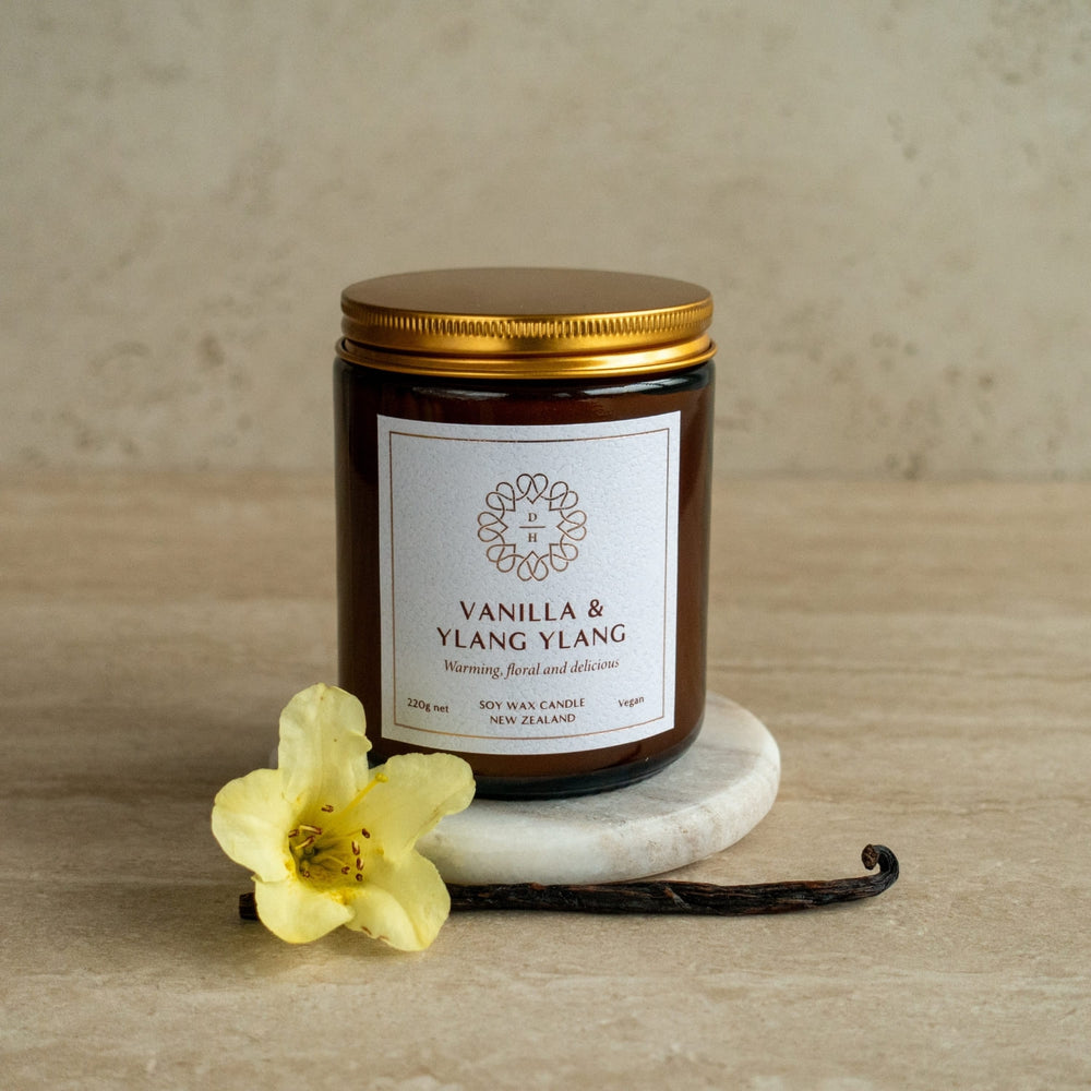 Vanilla & Ylang Ylang soy candle in amber jar with gold lid fragrance and essential oil mix best soy candle nz