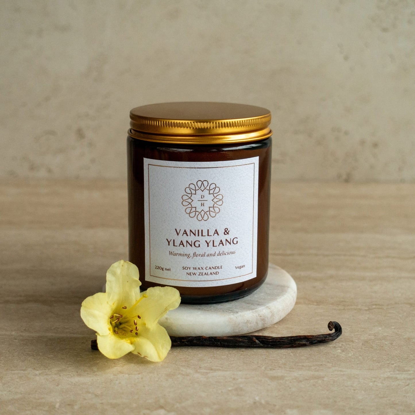 Vanilla & Ylang Ylang soy candle in amber jar with gold lid fragrance and essential oil mix best soy candle nz