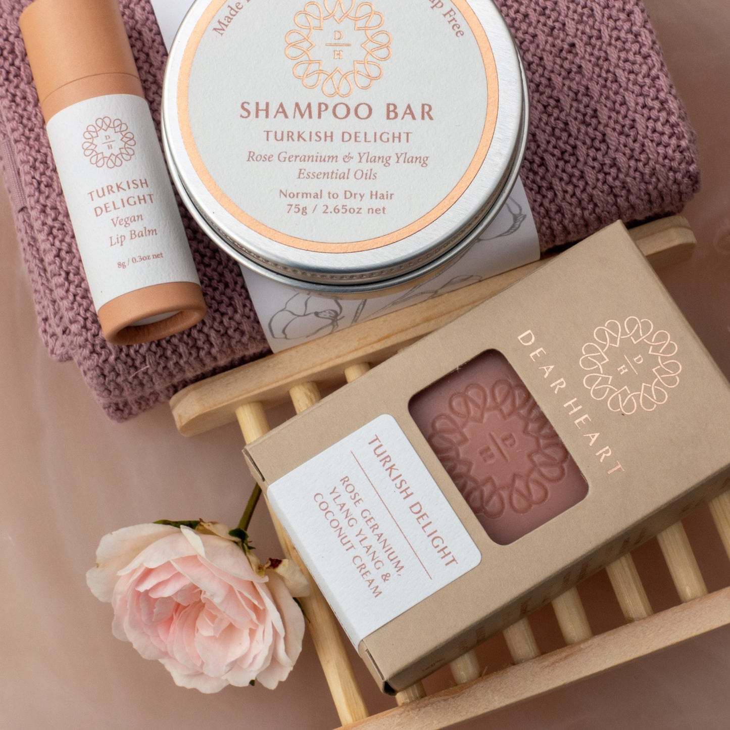 turkish delight fragranced eco friendly gift box containing soap shampoo lip balm soap rack wooden and shampoo bar luxury gift set made in nz