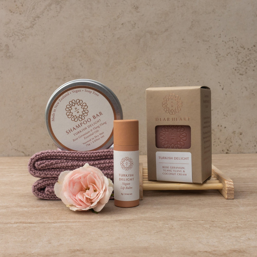 the perfect eco friendly gift soap lip balm washcloth trio and shampoo bar all in turkish delight fragrance and colour coordinated