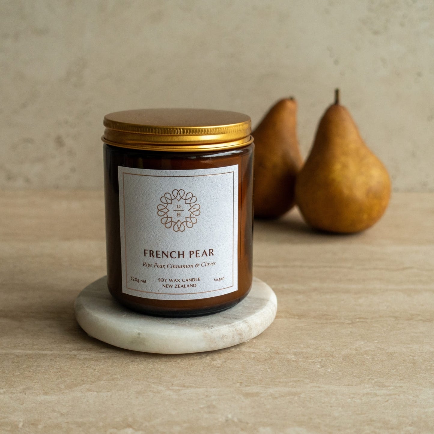 French Pear soy candle in amber jar hand poured and made in nz