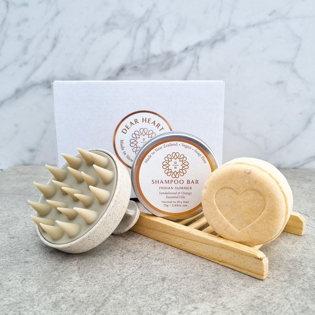 Indian Summer fragranced shampoo bar 75g store on a bamboo soap rack also included silicone scalp massager eco friendly gift box nz