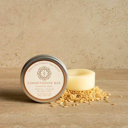 solid conditioner bar for itchy scalps fragrance free with rice protein made in nz by dear heart