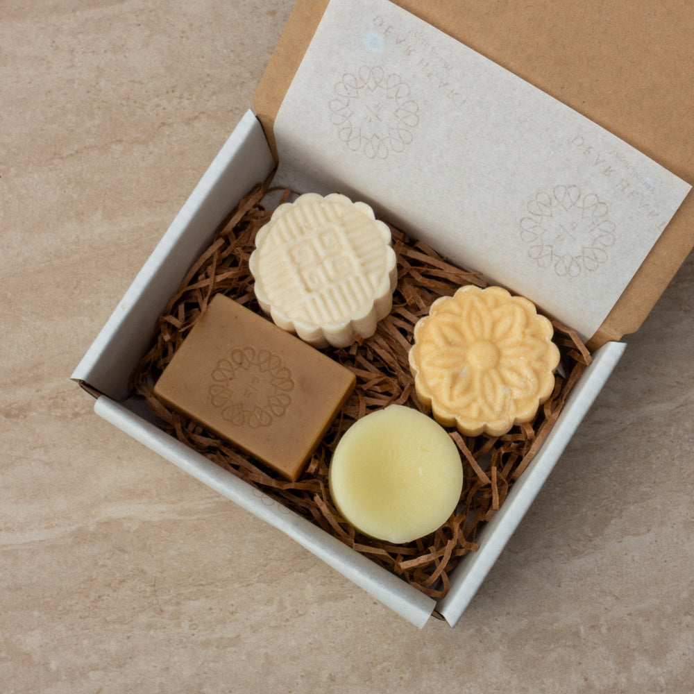 mini gift box containing soap conditioner face wash bar and chai latte soap
