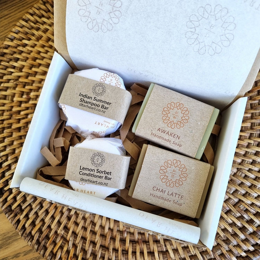 Best seller mini gift box containing 2 guest soaps shampoo bar and conditioner bar wrapped in a box only $25 made in NZ