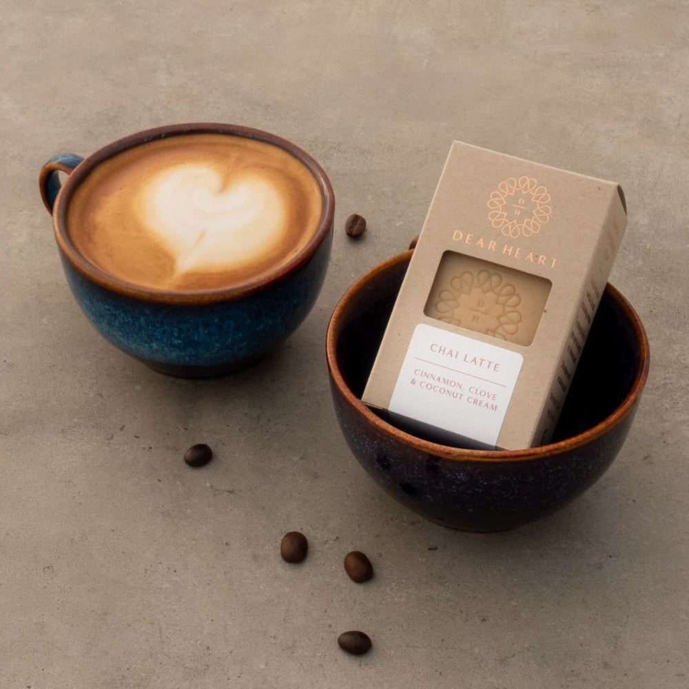 
                  
                    chai latte handmade soap beside a cup of coffee made in nz
                  
                