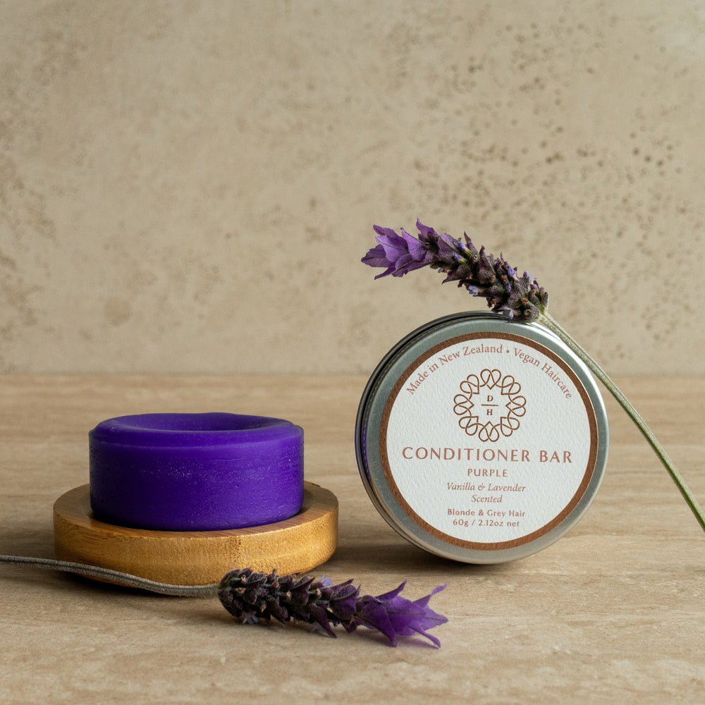 purple conditioner bar 60g size in a tin for blonde or silver hair stops brassiness colour
