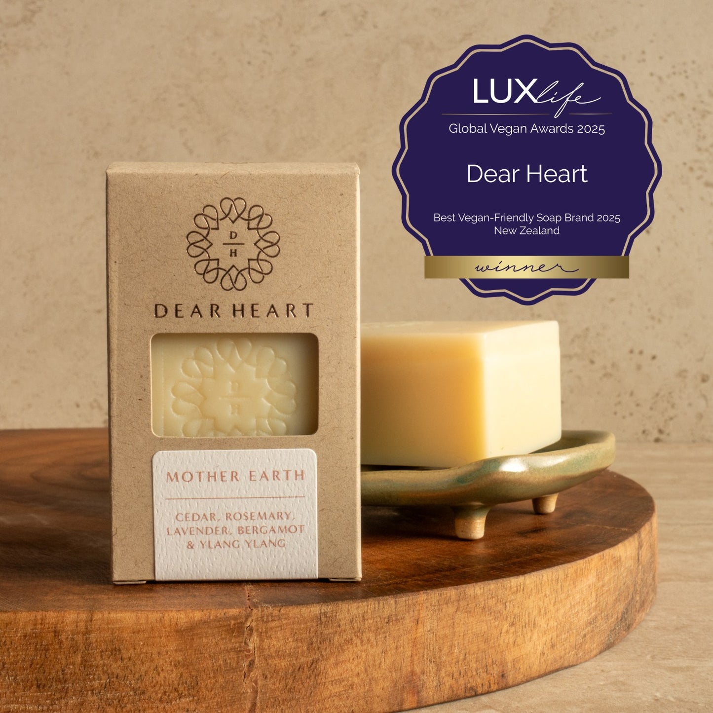 Mother earth soap is a combination of floral woody and herbal with cedar rosemary lavender bergamot and ylang ylang essential oils soap is in a cardboard box