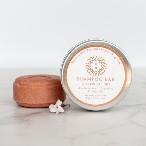 Sulfate free soap free shampoo bar in turkish delight essential oils and pink clay aluminium tin