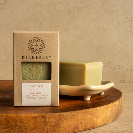 vegan soap awaken type with lavender bergamot mint and coconut cream made in nz by dear heart