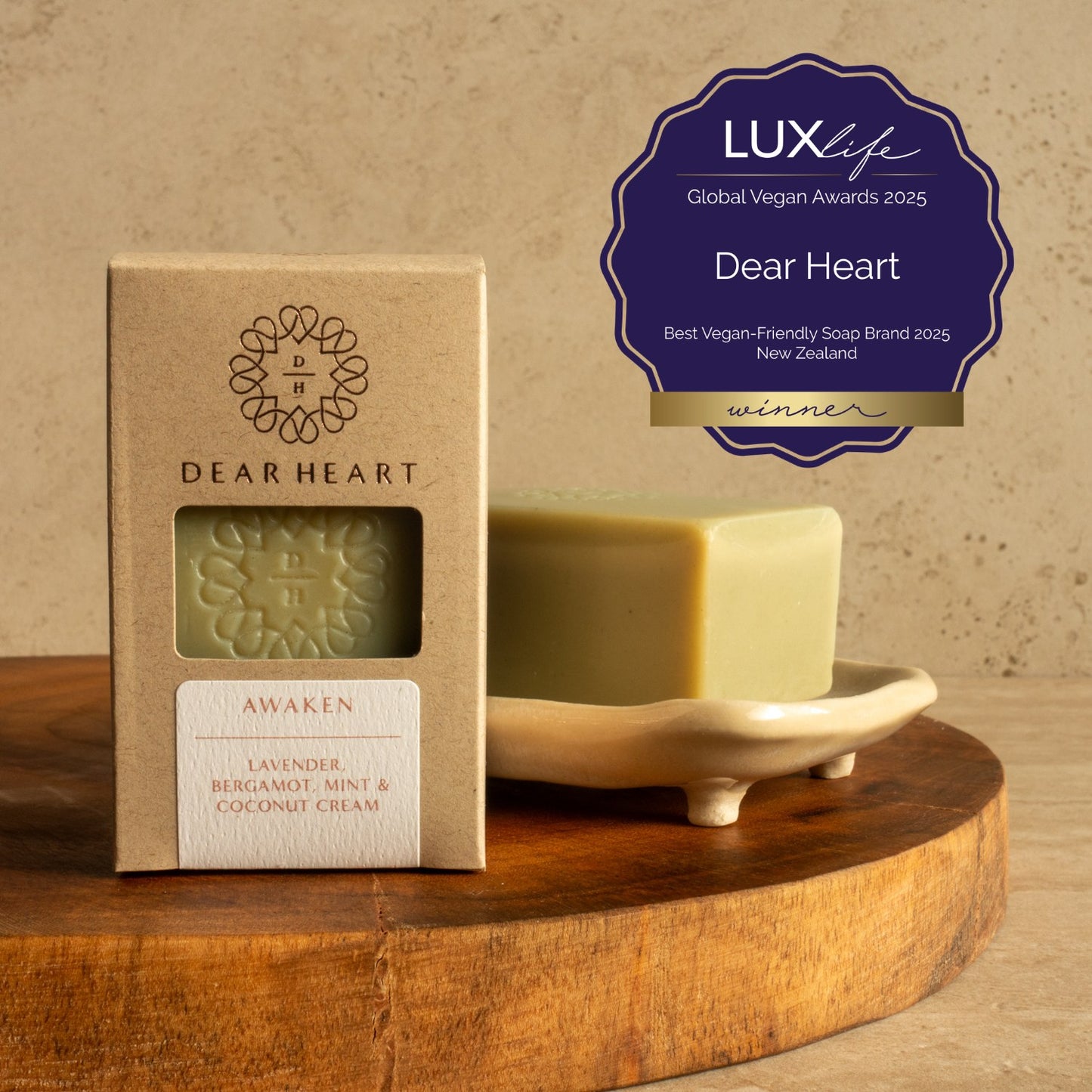 vegan soap awaken type with lavender bergamot mint and coconut cream made in nz by dear heart