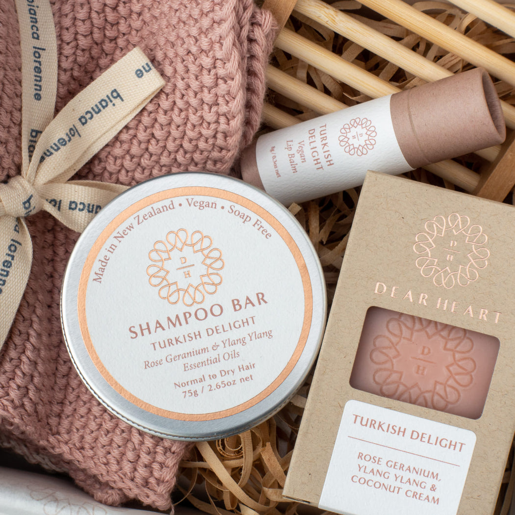 eco friendly gifts turkish delight soap shampoo bar lip balm and trio of face cloths made in nz