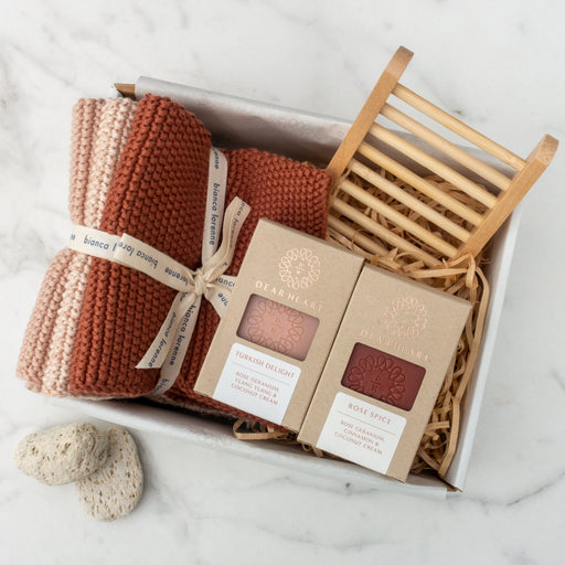 the perfect gift for her two handcrafted soaps trio 100% cotton washcloths and bamboo soap rack cruelty free and vegan