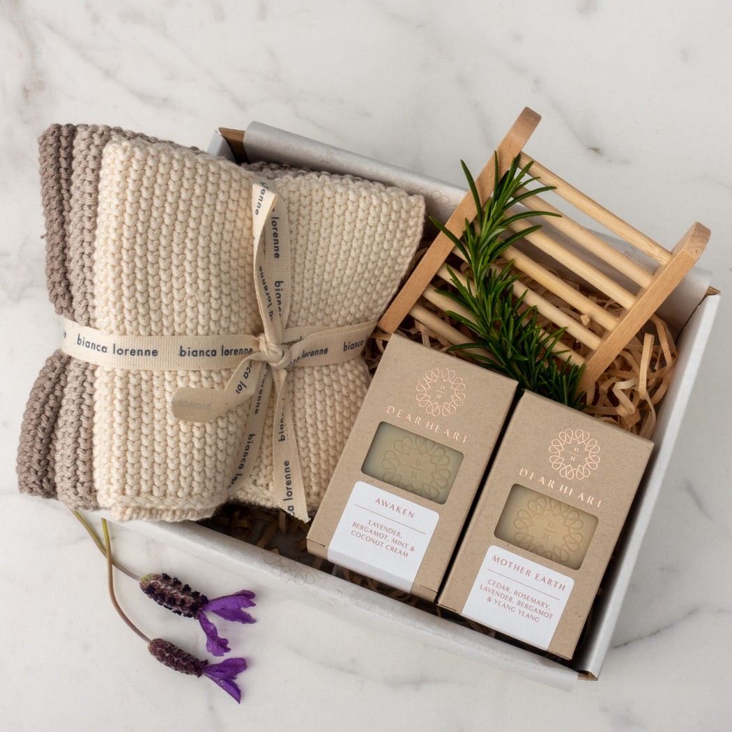 Mother earth gift box with handmade soap trio face cloths and soap rack gifts for her nz