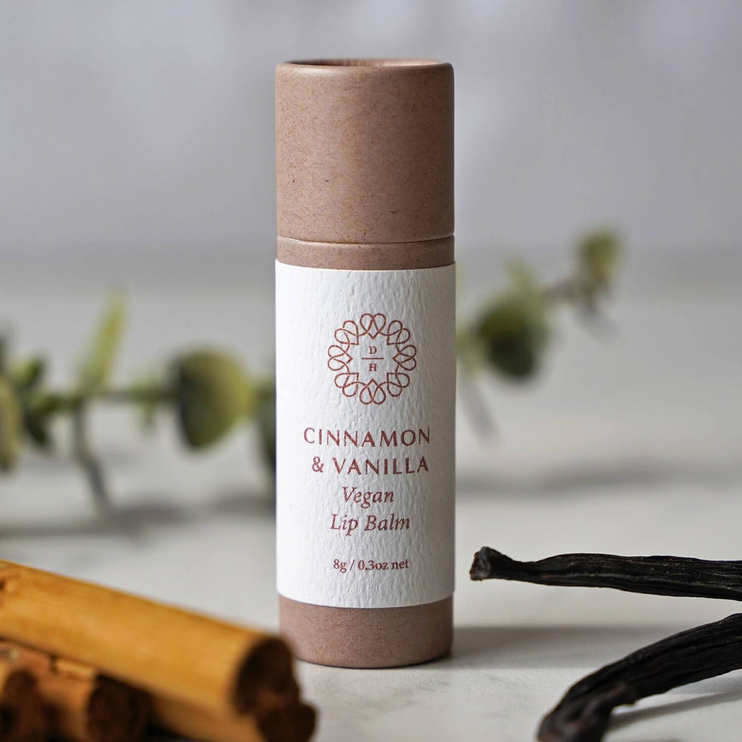 nz lip balm cinnamon and vanilla with red clay tinted in a compostable tube