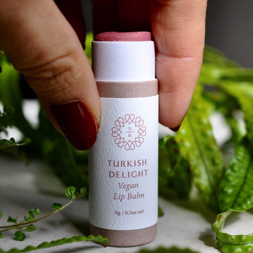 turkish delight vegan lip balm in compostable tube with lid off