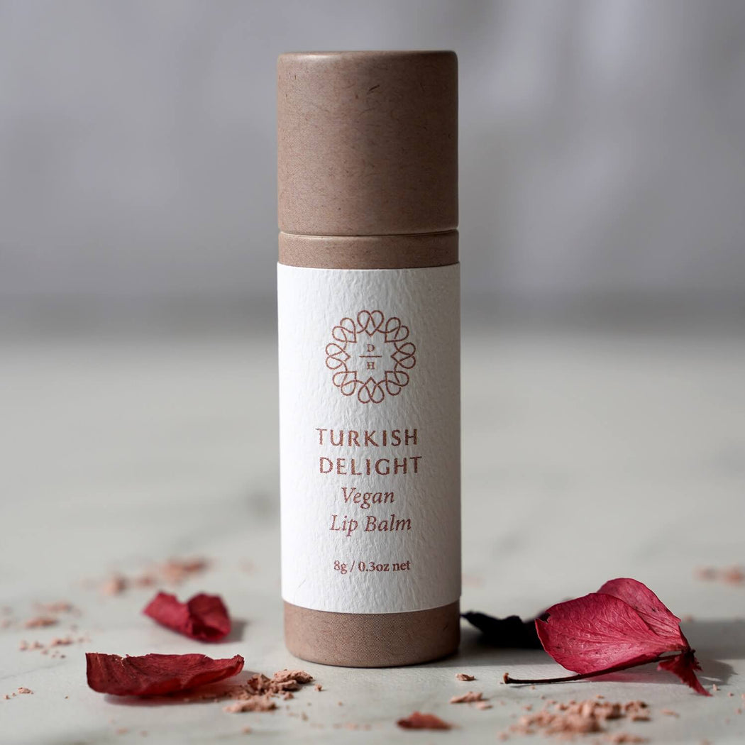turkish delight vegan lip balm nz in compostable tube with lid on